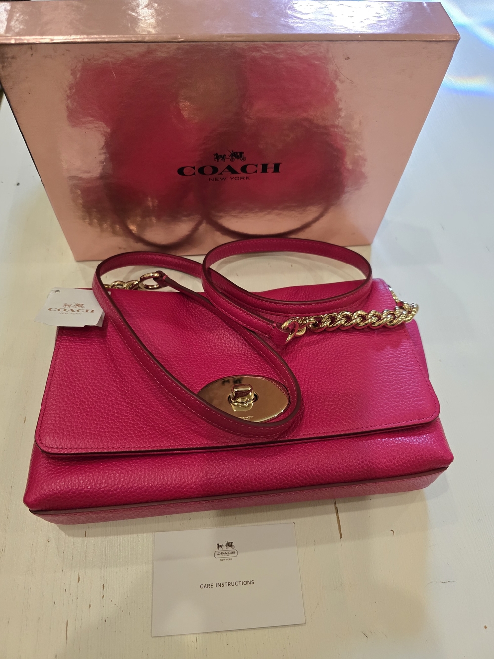 COACH Hot Pink Pebbled Leather Crossbody with Gold Chain